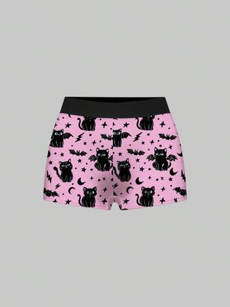 Goth Calzoncillos elásticos de cintura negros con estampado completo de gato negro, murciélago, estrella y luna