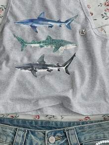 SHEIN EZwear Casual Minimalist Shark Animal Print Plus Size Tank Top, Suitable For Summer Back To School - Multicolor - View 4