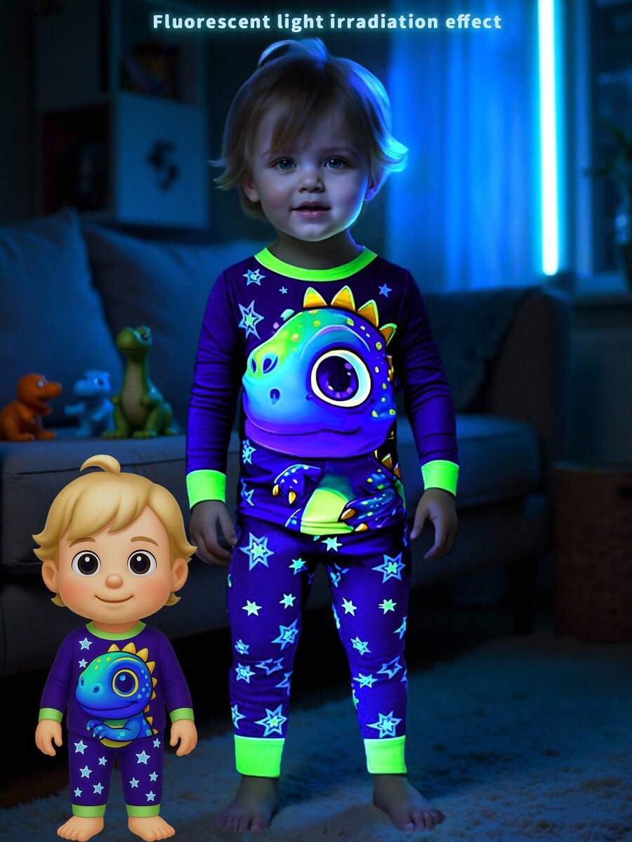 SHEIN Bộ đồ ngủ bó sát tay dài in hình khủng long 3D phát sáng trong bóng tối tia UV cho bé trai - Nhiều màu - Xem 1