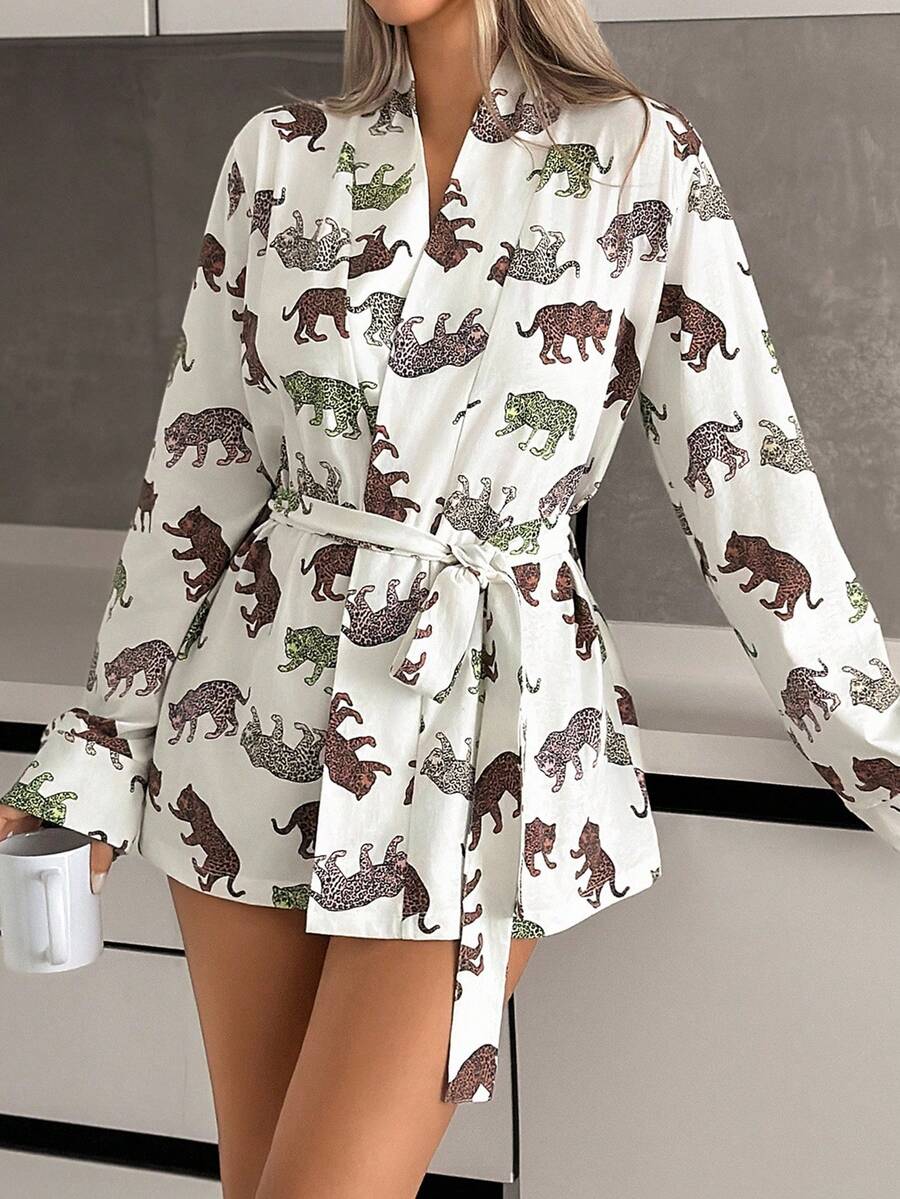 EURMUSE Women Cotton Cute Animal Pattern Long Sleeve Belted Cute Homewear Robe For Ladies - White - View 1