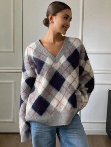 DAZY 复古撞色格子宽松V领长袖休闲街头风格女式毛衣，秋冬 - 灰色 - 查看 4