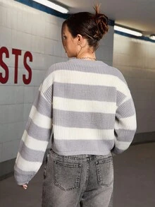 Sparklyn 少女时尚休闲百搭黑白条纹毛衣，少女毛衣，少女上衣，少女长袖毛衣，秋冬季 - 灰色 - 查看 2