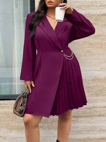 Calvaya Vestido envolvente plisado de unicolor elegante talla grande, adecuado para ir al trabajo - Morado - Ver 7
