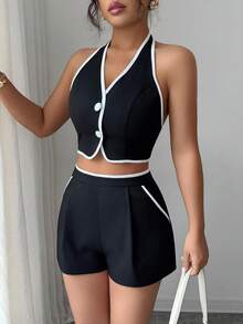 SHEIN PETITE Summer New Sexy Contrast Color Trim Backless Tie Crop Top + Shorts With Slant Pockets Contrast Trim Women 2 Pieces Set - Black - View 4
