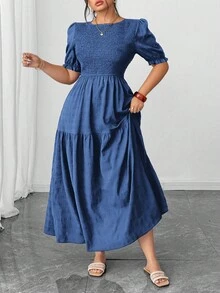 Elenzga Váy xếp ly tay bồng cỡ lớn Shien Holidaya - Màu xanh lam - Xem 5