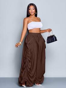 SOLERSUN Pantalones casuales sueltos de unicolor con bolsillo anudado de talla grande - Marrón - Ver 5