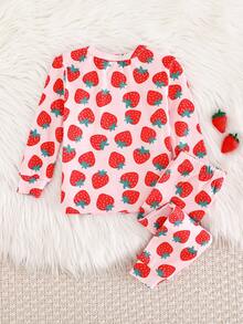 Cozy Pixies Set pigiama aderente per neonata, top a girocollo a maniche lunghe e pantaloni in maglia morbida con stampa di frutta