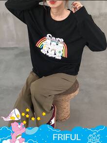 FRIFUL SHEIN X Care Bears 女式宽松休闲街头风格字母与卡通图案圆领套头 T 恤长袖上衣 - 黑色 - 查看 2