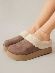 女士休闲保暖圆头拖鞋，棕色厚底平底鞋 - 棕色 - 查看 7
