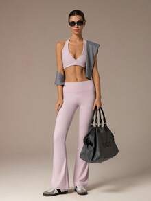 Hanevo Women's Summer Minimalist Sexy Solid Deep V-Neck Backless Cropped Halter Top And Flared Leggings 2 Pieces Set