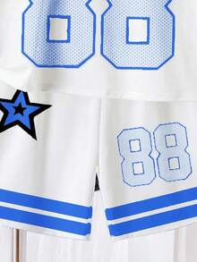 SHEIN 2pcs Tween Boy Casual Classic Cool Baseball Sports Style, Number 88, Gothic Chicago Text, Star Print Short Sleeve Crew Neck T-Shirt And Shorts Set, Suitable For Summer