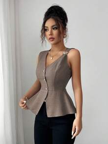 Elenzga Nueva llegada Blusa de verano minimalista y elegante para mujer con diseño de hebilla metálica, cuello en V y sin mangas para estilizar la cintura - Marrón - Ver 6