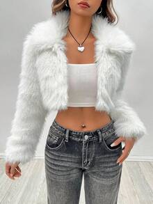 SHEIN PETITE 秋冬款纯色钩眼襟毛绒大衣 - 白色 - 查看 6