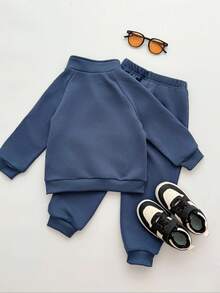 SHEIN 2pcs/Set Young Boys' Brushed Thickened Sweatshirt With Stand Collar & Pockets And Solid Color Pants, Winter Tracksuit Fall - Blue - View 2