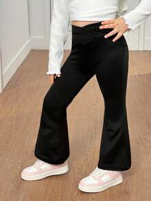SHEIN 少女黑色纯色高腰喇叭裤，适合居家休闲、户外运动，可搭配运动服，适合秋冬季、上学、日常穿着。喇叭裤，黑色喇叭裤，秋季喇叭打底裤，黑色半身裙，喇叭裤打底裤。 - 黑色 - 查看 5