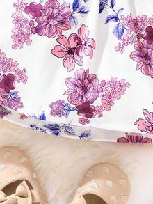SHEIN Vintaside Kids Baby Girl Floral Print Ruffle Trim Bow Front Dress With Headband
