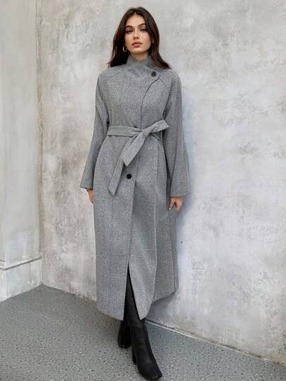 SHEIN Unity 女士休闲长袖宽松翻领长款外套，适合秋冬季穿着