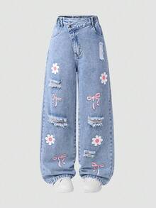 Sparklyn Tween Girls' Flare Leg Jeans, Retro Street Fashion Sweet & Cute Casual Daily School Style Recommended, Pink Bow + Floral Print Design Adorable & Playful, Distressed Details Add Street Flair, Elastic Waistband For Comfort, Asymmetric Waist Design, Loose Fit Flattering, Suitable For Outings, Dates, Beach Vacations, Daily School Looks, Or Hangouts With Friends Fall Winter
