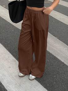 Muchica Women's Casual Solid Brown Loose Wide Leg Thin Straight Pants, Suitable For Spring And Autumn - Brown - View 5