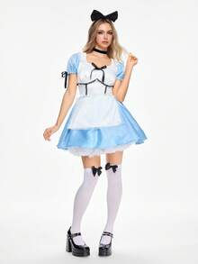 ROMWE Avant Trang phục hầu gái Alice ở xứ sở thần tiên dành cho nữ, váy ngắn tay bồng, nơ ruy băng, màu tương phản - Màu xanh lam - Xem 6