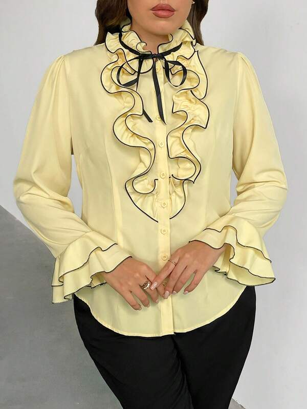 Firerie Plus Size Elegant Color Block Flare Sleeve Long Sleeve Shirt, Commuter Style/Yellow Ruffled Contrasting Office Enchantress Bow Tie Flared Sleeves Long-Sleeved Spring And Autumn Workplace Shirt