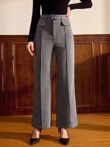 Vintamour Vintage elegante graue Damenhose mit Taschen und Gürtel, lässige Anzughose für Arbeit und Büro, Herbst, Winter, Weihnachtsferien, elegante Herbsthose - Grau - Übersicht 2