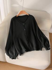 CosyJoli 大码休闲黄色宽松基本款开衫黑色开衫女式灯笼袖开衫大码黑色开衫女式黑色针织开衫黑色纽扣开衫秋冬女装 - 黑色 - 查看 3