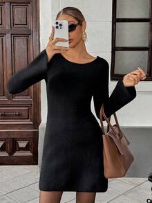 Pariaura Backless Lace-Up Women's Knitted Sweater Dress, Elegant Bowknot A-Line Knit Dress For Autumn/Winter - Black - View 5
