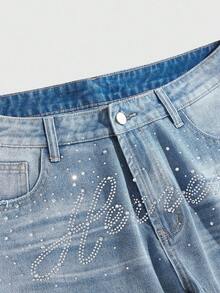 ROMWE MEN Street Life Men's Rhinestone Embellished Denim Jeans, Suitable For Everyday Wear - Blue - View 3