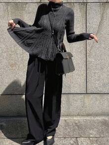 FRIFUL Pull femme col roulé 2 en 1 avec tricot unique, ourlet à volants patchwork, pull décontracté unicolore, automne