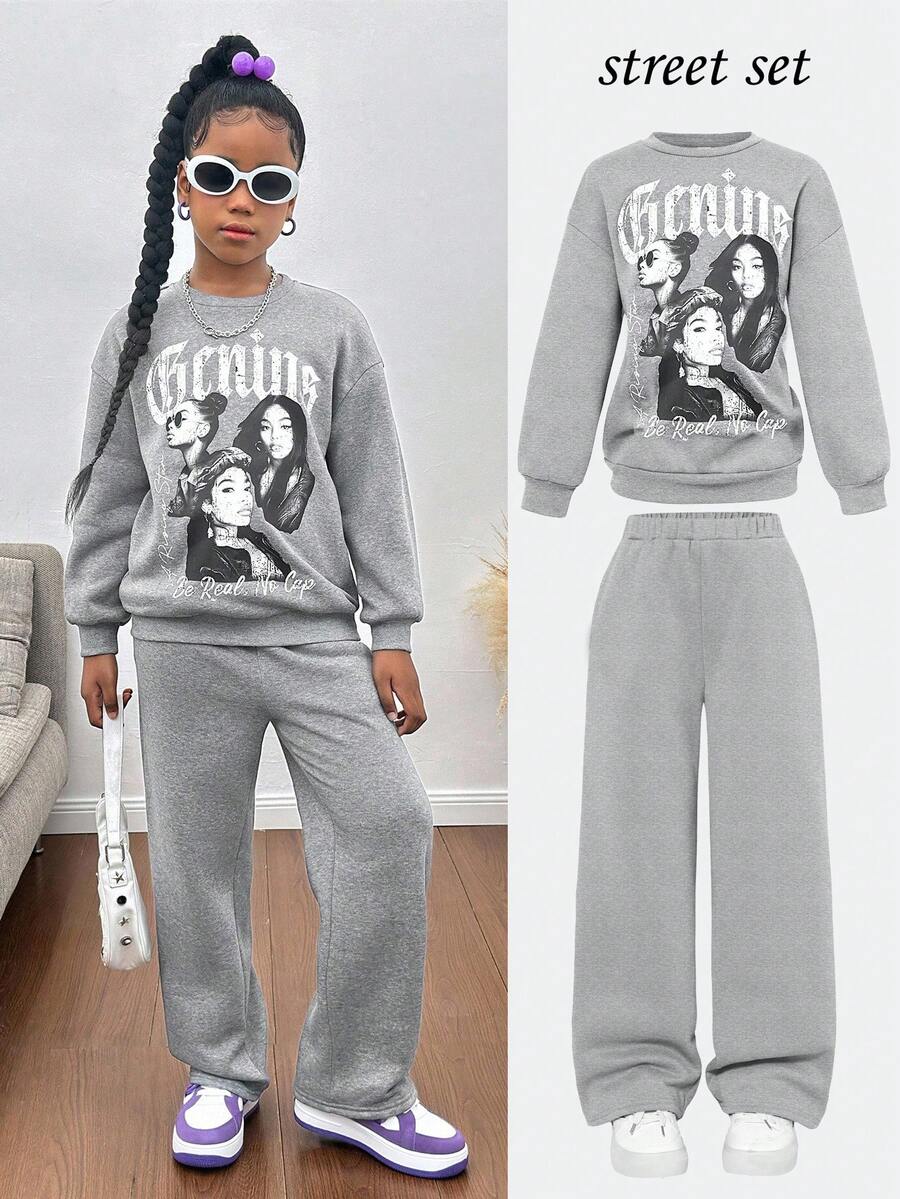 SHEIN Setelan 2 Potong Sweatshirt Bergambar Slayr untuk Remaja Perempuan, Pakaian Kasual Sehari-hari Serbaguna untuk Musim Gugur dan Musim Dingin - Grey - View 1