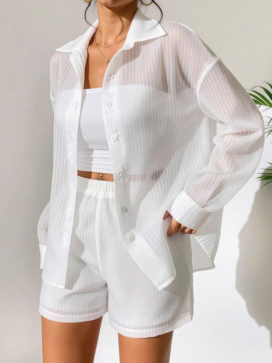 Chiquease 女士白色衬衫和短裤两件套，休闲海滩度假装，夏季 - 白色 - 查看 1