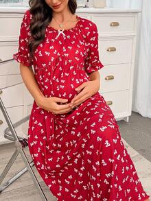 SHEIN Moonlight & Mama 蝴蝶结印花褶皱V领泡泡袖孕妇睡裙，圣诞节 - 紅色 - 查看 3