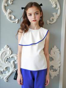 Joliand Joliand 2 件套青少年女孩优雅都市可爱白色荷叶边蓝色饰边衬衫和喇叭蓝色阔腿裤，适合外出、聚会、海滩、夏季 - 彩色 - 查看 5