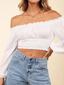 Coeurva Off Shoulder Lantern Sleeve Shirred Hem Blouse - White - View 4