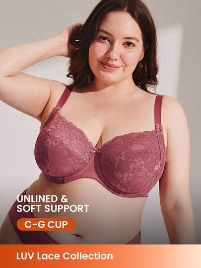 LUVLETTE Plus Woman Full Coverage Lingerie Lounge Curve Support & Breathable Underwire Sexy Unlined Minimizer Burgundy Lace Elegance Bra Bridal Intimates