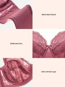 LUVLETTE 加大码女士全罩杯内衣休闲曲线支撑透气钢圈性感无衬垫显瘦酒红色蕾丝优雅文胸新娘内衣 - 玫瑰紅 - 查看 3