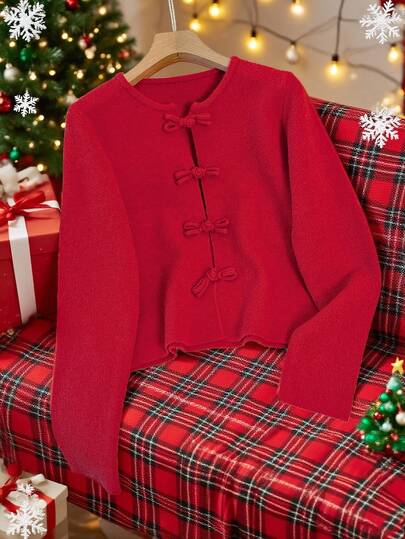 SHEIN LUNE Elegante cárdigan rojo de mujer de estilo chino con diseño de botones, de manga larga y cuello redondo, de corte holgado, para primavera/otoño
