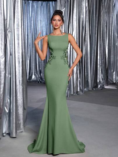 Glamrae Elegant Lotus Pink Knit Boat Neck 3D Floral Embroidery Waist Sheer Mermaid Hem Dress, Suitable For Dating, Singles Party, Graduation Ceremony, Wedding, Formal Evening Gala