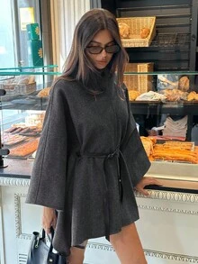 Aloruh 女士秋冬优雅高领蝙蝠袖收腰羊毛混纺大衣 - 灰色 - 查看 6