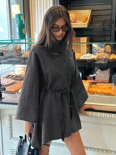 Aloruh Áo khoác len pha trộn cổ cao tay cánh dơi thanh lịch cho nữ vào mùa thu/đông