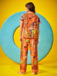 Chillnights X LOONEY TUNES 女士可爱卡通图案短袖翻领衬衫和宽松裤子睡衣套装，夏季 - 彩色 - 查看 2