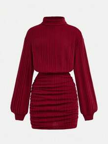 SHEIN Tween Mädchen Rotes geripptes Rollkragen Kleid mit loser Taille, enger Passform an Hüfte und Raffung, lässig-elegantes, vielseitiges Retro-Langarmkleid, kurz, geeignet für Weihnachtsparty, Winter