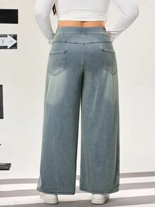 Flexra Plus Size High Stretch Knit Wide Leg Boyfriend Jeans - Dusty Blue - View 2