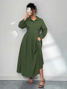 Elenzga 优雅通勤纯色灯笼袖连衣裙，大码女式秋季长裙 - 軍綠色 - 查看 7
