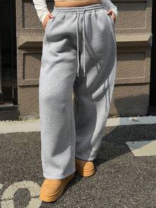 Dazy Plus Elastic Waist Loose Casual Thermal Lined Thick Long Pants For Plus Size Women, Autumn/Winter