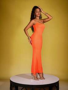 Zyxie Women Sexy Solid Color Bodycon Maxi Slip Dress - Orange - View 3