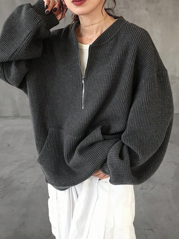 FRIFUL Women's Loose Fit Half-Zip Waffle Knit Solid Color Metal Zipper Decor T-Shirt Long Sleeve Top