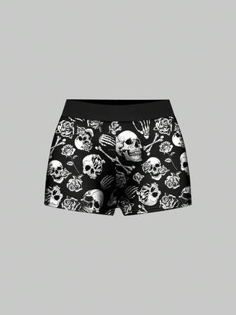 Goth Skeleton Rose Halloween Skeleton Full Print Black Elastic Waist Briefs