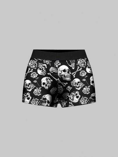 Goth Slips squelette rose Halloween squelette impression intégrale taille élastique noire